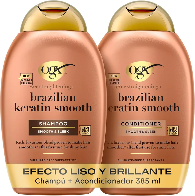 OGX ▫️ Set Ever Straightening + Brazilian Keratin Smooth Shampoo and Conditioner, conjunto de champô e amaciador para alisamento com queratina, sem sulfatos, para cabelos encaracolados, 2x385 ml
