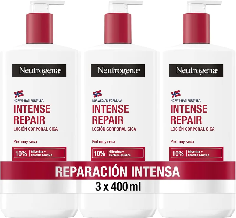Neutrogena ▫️ Norwegian Formula CICA Intense Repair Body Lotion para pele muito seca (3x400 ml), hidratante corporal reparador com centella asiática e glicerina.