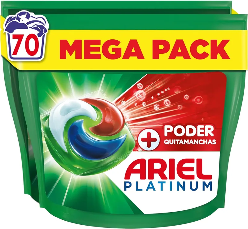 Ariel ▫️ PODs Platinum, Detergente Líquido em Cápsulas + Cápsulas com Poder Desmanchante, 70 Lavagens