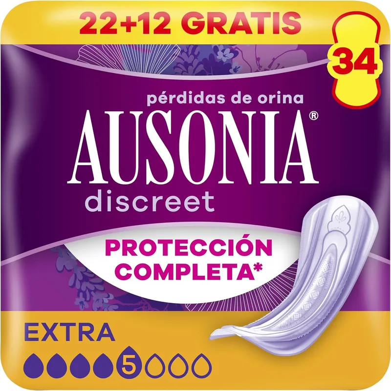 AUSONIA ▫️ Discreet Pensos Higiénicos, Extra, Embalagem de 34, Para Perda de Urina nas Mulheres, Proteção Total*, Discrição Incrível