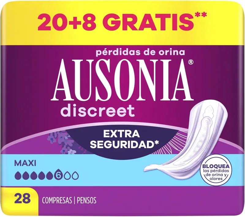 AUSONIA ▫️ Discreet Maxi, 28 pensos para incontinência feminina para perdas de urina, proteção completa, discrição incrível