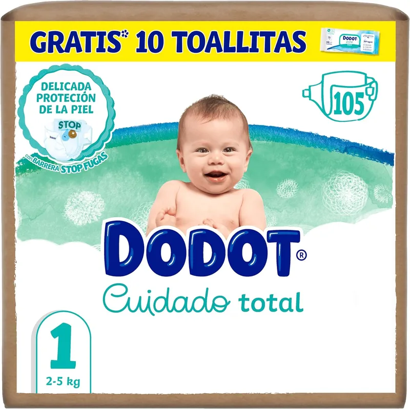 DODOT ▫️ Fraldas para Bebés Cuidado Total, Tamanho 1 (2-5 kg), 105 fraldas + oferta de 10 toalhitas Aqua Pure com 99% de água, proteção suave para a pele, embalagem mensal