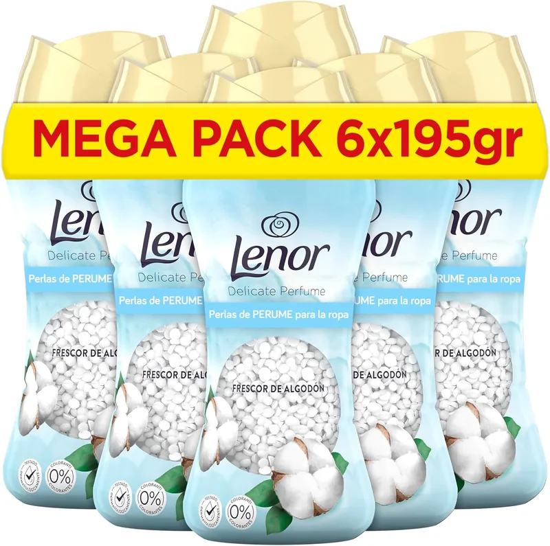 LENOR ▫️ UNstoppables Pérolas Perfumadas para a Roupa, 96 Lavagens (6 x 195 g), Amaciador com Fragrância Frescor do Algodão, Potenciador de Frescor