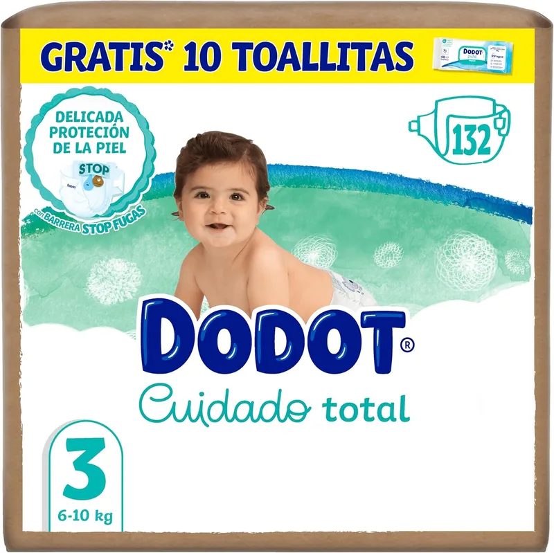 DODOT ▫️ Fraldas para Bebés Cuidado Total Tamanho 3 (6-10 kg), 132 unidades + 10 toalhitas | Proteção delicada para a pele do bebé, inclui 10 toalhitas Aqua Pure de oferta, suavidade diária