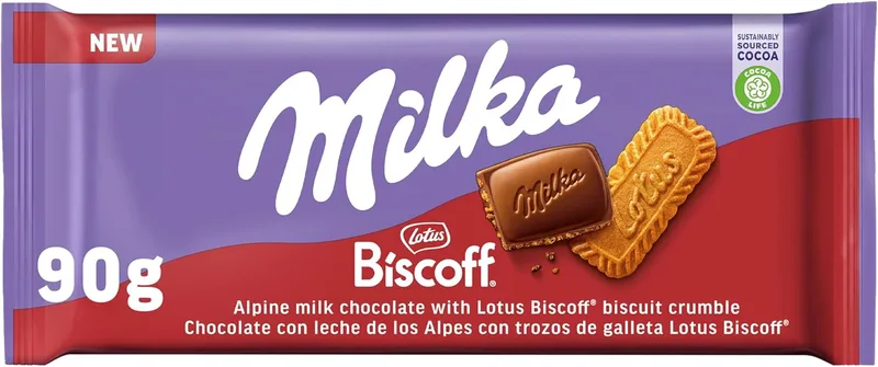 Milka ▫️ Alpine Tablete de chocolate de leite com biscoito Lotus Biscoff, 90 g