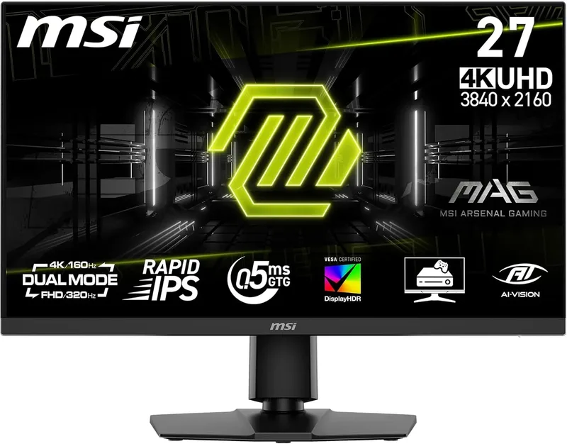 MSI ▫️ Monitor para jogos mag 272URDF E16, 27 polegadas, 4K UHD, 3840x2160, IPS rápido, 0,5 ms, DisplayHDR 400, Eye Care, AI Vision, modo duplo, HDMI 2.1, DP 1.4a, inclinação/altura ajustável, preto