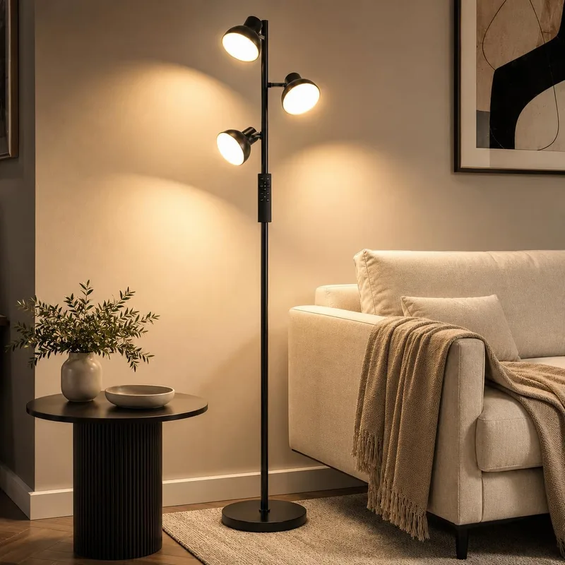 LuminexDesigns ▫️ Candeeiro de pé LED, 3 luzes independentes, 36 W, AVEN FL08 | 3 luzes com regulação individual | Rotação de 350°/180° | 2700K–6500K | Brilho 10%–100% | Memória e temporizador de 1 h | Comando e ecrã tátil