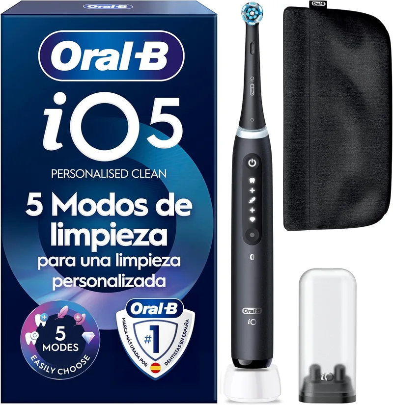 Oral-B ▫️ Escova de dentes elétrica iO 5 com 1 cabeça de escovagem, preta | Escova de dentes com sensor de pressão, 5 modos de escovagem, incluindo o modo de branqueamento, estojo de viagem e porta-cabeças de substituição