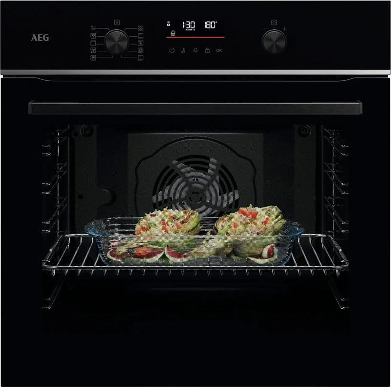 AEG ▫️ Forno Multifunções TU5PB431SB, 72 L, Limpeza pirolítica, 9 funções, 45 programas, Wi-Fi, SurroundCook, ecrã LED, cozedura em vários níveis, calhas telescópicas, botões retráteis, vidro preto