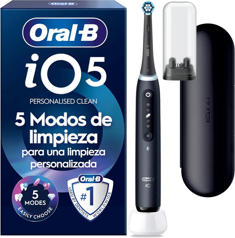 Oral-B ▫️ iO 5 Black Electric Toothbrush With 1 Brush Head and 1 Travel Case, 5 Brushing Modes With Teeth Whitening, Pressure Sensor and Timer, Designed by Braun