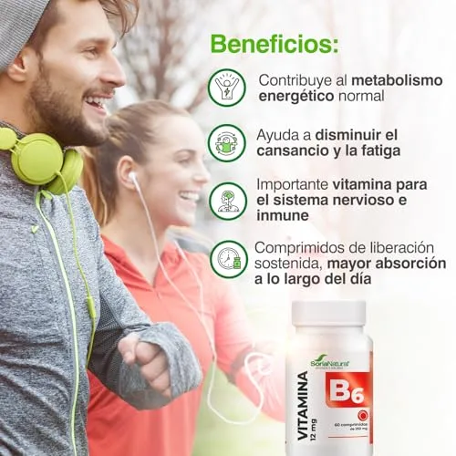 Soria Natural ▫️ Vitamina B6 - Vegana - Ajuda a recuperar a energia - Contribui para a redução do cansaço e da fadiga - 60 comprimidos de libertação prolongada de 250 mg - vitaminas para mulheres e homens 4
