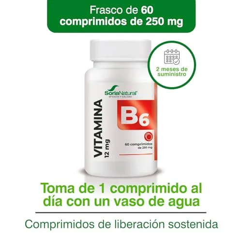 Soria Natural ▫️ Vitamina B6 - Vegana - Ajuda a recuperar a energia - Contribui para a redução do cansaço e da fadiga - 60 comprimidos de libertação prolongada de 250 mg - vitaminas para mulheres e homens 5