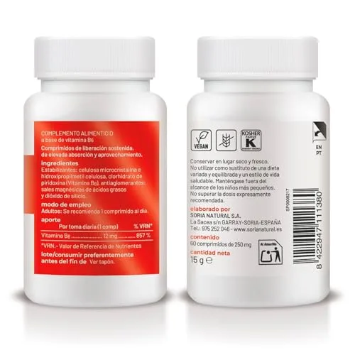 Soria Natural ▫️ Vitamina B6 - Vegana - Ajuda a recuperar a energia - Contribui para a redução do cansaço e da fadiga - 60 comprimidos de libertação prolongada de 250 mg - vitaminas para mulheres e homens 7