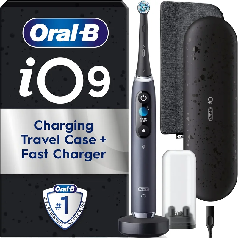 Oral-B ▫️ Escova de dentes elétrica iO 9 com 1 cabeça de escovagem, preta - Escova de dentes com sensor de pressão, 7 modos de escovagem com branqueamento dentário, carregamento rápido, estojo de carregamento para viagem