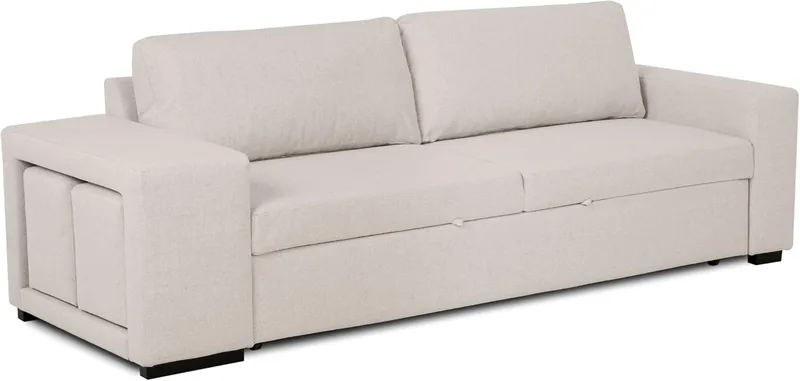 BUDWING ▫️ Sofá-cama Avery 3 lugares + 2 pufes - Sistema de cama integrado, almofadas soltas - Tecido 100% poliéster - Estilo moderno - 248x117x90 cm - Bege