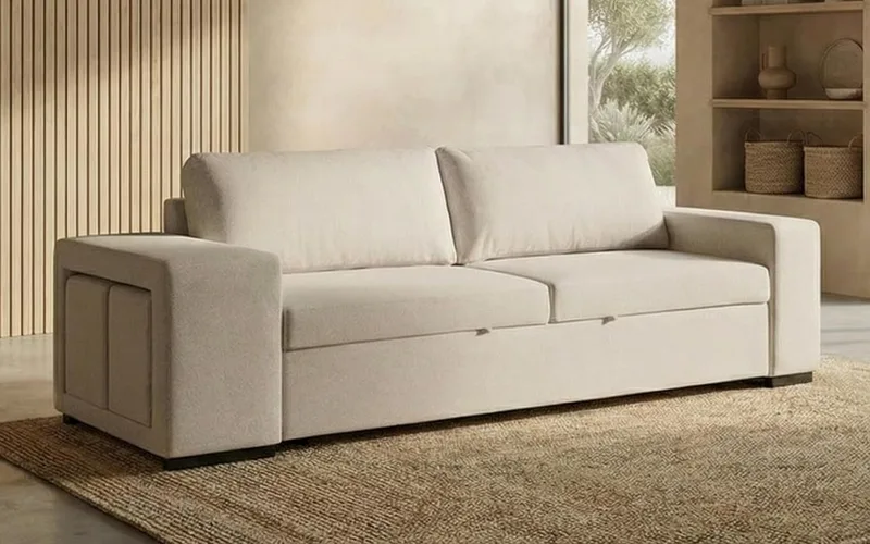 BUDWING ▫️ Sofá-cama Avery 3 lugares + 2 pufes - Sistema de cama integrado, almofadas soltas - Tecido 100% poliéster - Estilo moderno - 248x117x90 cm - Bege