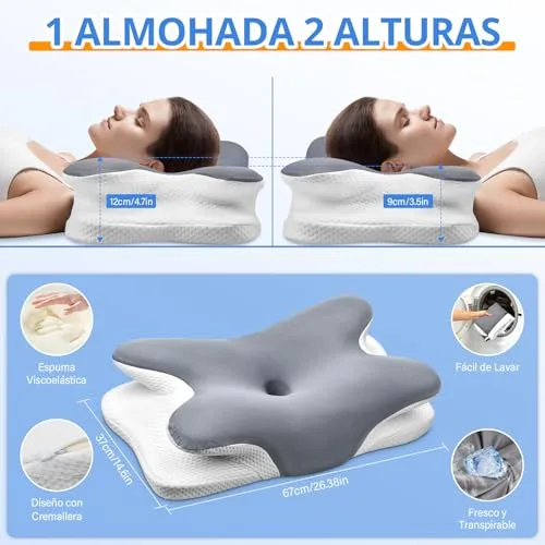 Ehomfory ▫️ Almofada Cervical, Almofada Cervical de Espuma Viscoelástica, Almofada Ergonómica 2 em 1 para Dormir de Lado, De Barriga para Cima e De Barriga para Baixo, 67x37x9/12 cm 2