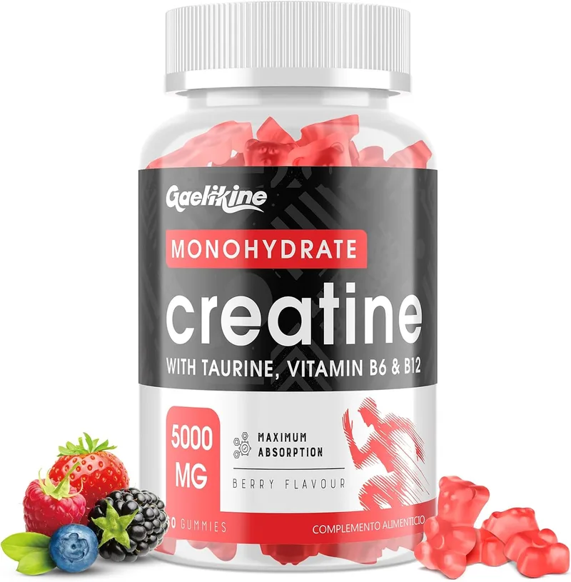 Gaelikine ▫️ Gomas de creatina monohidratada, potência máxima com L-taurina, vitamina B12 e vitamina B6, potenciador de pré-treino fácil de tomar, mais prático do que o pó, sabor a frutos silvestres, vegan, 60 unidades (embalagem de 1)
