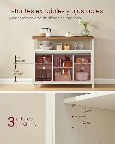 VASAGLE ▫️ Aparador, Armário de Cozinha, Armário de Arrumação, com 2 portas de correr, 33 x 100 x 80 cm, prateleiras ajustáveis, para sala de estar, Branco Rústico, Castanho Mel LSC092W01 5
