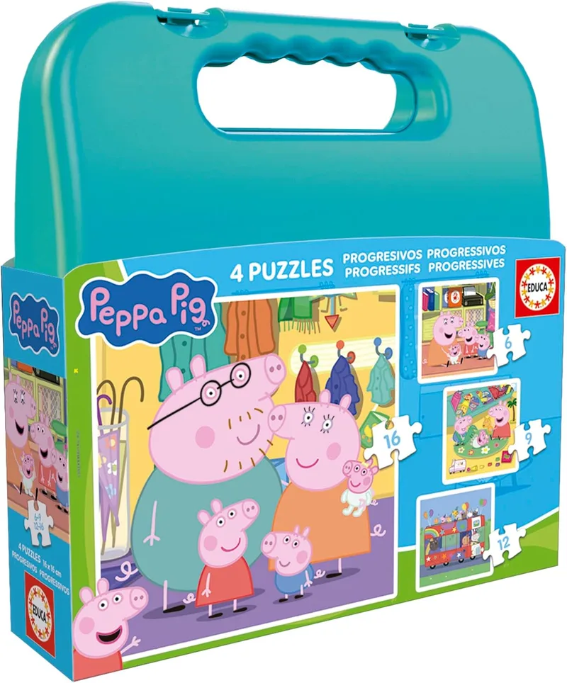 Educa ▫️ Peppa Pig : Conjunto de 4 puzzles progressivos para crianças de 6 a 12 peças apresentados numa fantástica mala : Tamanho aproximado: 16 x 16 cm. Recomendado para crianças a partir dos 3 anos (20328)