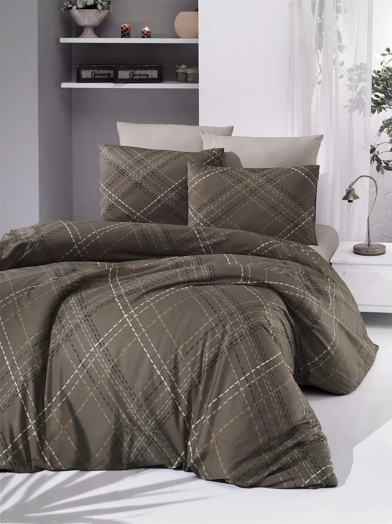 Nuit Des Rêves ▫️ Conjunto de capas de edredão Ranforce para cama de casal (200 x 200 cm), 100% algodão, 145 fios, lavável na máquina, cores: castanho, branco e preto e laranja, cama elegante e confortável