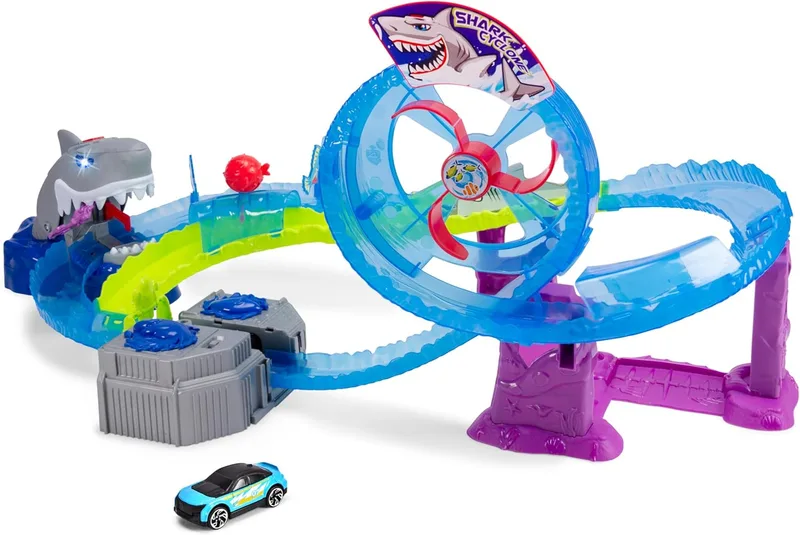 Dickie Toys ▫️ Pista de Corridas White Shark (50 x 55 x 32 cm), inclui carro de brincar em metal - pista de corridas motorizada com tubarões, com looping, luzes e sons, brinquedo para crianças a partir dos 3 anos