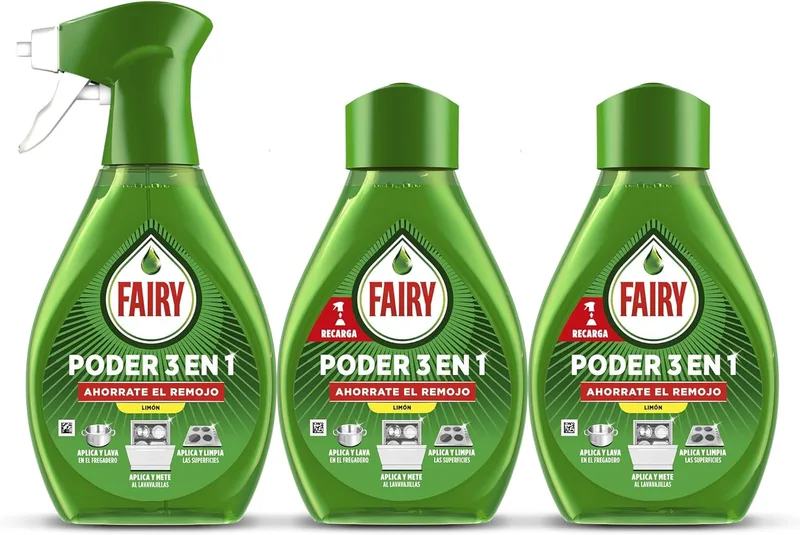 FAIRY ▫️ Power No-Soak Lemon Spray, pré-tratamento para loiça e cozinha, 100% eficaz contra a gordura, spray desengordurante, limpeza rápida e sem esforço, 500ml + 2 x recarga (2 x 500ml)