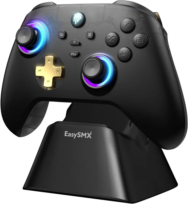 EasySMX ▫️ Comando sem fios para PC D05 com base de carregamento - Luz RGB - Joystick Hall - Hall Trigger, Gamepad com bateria recarregável de 1000 mAh - Vibração - Turbo - para PC/Switch/Mobile - Preto