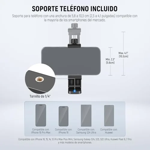 NEEWER ▫️ BÁSICO Tripé para iPhone e Câmara com Controlo Remoto e Suporte para Telemóvel, Vara de Selfie Metálica de 66" para Viagens, Vlogs, Suporte Portátil para Câmara e Vídeo, TS03 3