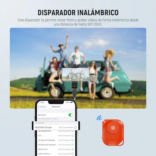 NEEWER ▫️ BÁSICO Tripé para iPhone e Câmara com Controlo Remoto e Suporte para Telemóvel, Vara de Selfie Metálica de 66" para Viagens, Vlogs, Suporte Portátil para Câmara e Vídeo, TS03 7
