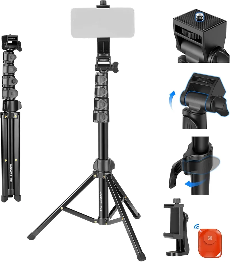 NEEWER ▫️ BÁSICO Tripé para iPhone e Câmara com Controlo Remoto e Suporte para Telemóvel, Vara de Selfie Metálica de 66" para Viagens, Vlogs, Suporte Portátil para Câmara e Vídeo, TS03