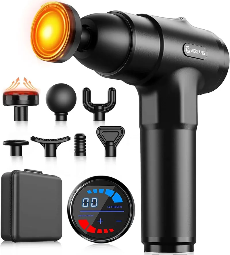 AERLANG ▫️ Pistola de massagem muscular com calor – Massajador muscular profundo com 20 velocidades, 7 cabeças e ecrã LED, massajador para pescoço e costas – Presente para homem, mulher, pai e mãe