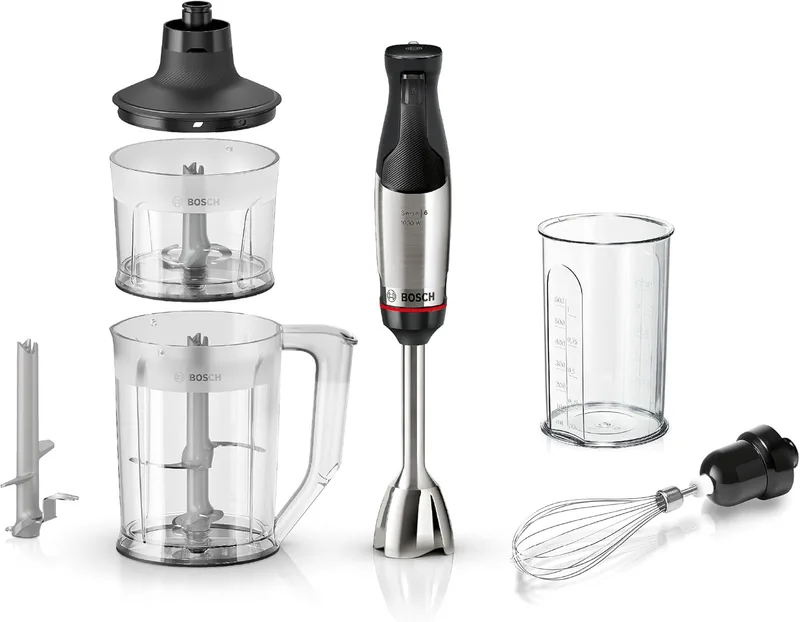 Bosch ▫️ Batedeira manual, Série ErgoMaster 6, motor refrigerado a ar de 1000 watts, controlo dinâmico de velocidade, sistema de mistura QuattroBlade Pro, acessórios incluídos, MSM6M652