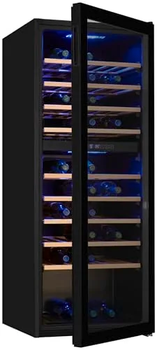 Exquisit ▫️ ® Adega para 78 garrafas, 194 L, Preto, Classe G, Dupla zona de temperatura 5-20 °C, Controlo digital, Porta de vidro reversível, Iluminação LED, 9 prateleiras, Dimensões (128,5 x 49 x 57,5 cm) 2