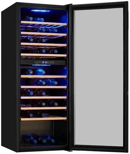Exquisit ▫️ ® Adega para 78 garrafas, 194 L, Preto, Classe G, Dupla zona de temperatura 5-20 °C, Controlo digital, Porta de vidro reversível, Iluminação LED, 9 prateleiras, Dimensões (128,5 x 49 x 57,5 cm) 3