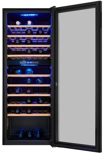Exquisit ▫️ ® Adega para 78 garrafas, 194 L, Preto, Classe G, Dupla zona de temperatura 5-20 °C, Controlo digital, Porta de vidro reversível, Iluminação LED, 9 prateleiras, Dimensões (128,5 x 49 x 57,5 cm) 4