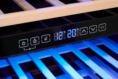 Exquisit ▫️ ® Adega para 78 garrafas, 194 L, Preto, Classe G, Dupla zona de temperatura 5-20 °C, Controlo digital, Porta de vidro reversível, Iluminação LED, 9 prateleiras, Dimensões (128,5 x 49 x 57,5 cm) 5