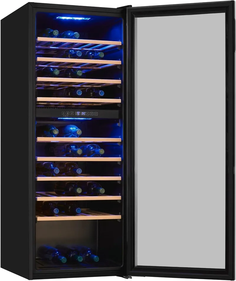 Exquisit ▫️ ® Adega para 78 garrafas, 194 L, Preto, Classe G, Dupla zona de temperatura 5-20 °C, Controlo digital, Porta de vidro reversível, Iluminação LED, 9 prateleiras, Dimensões (128,5 x 49 x 57,5 cm)