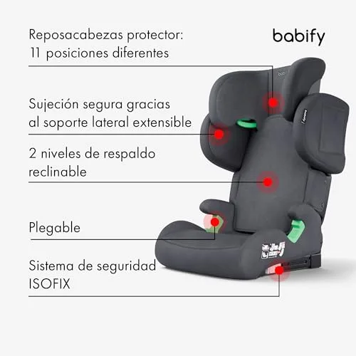 Babify ▫️ FlexiFit Premium Cadeira de carro para bebés ISOFIX - para crianças dos 3 aos 12 anos (15-36 kg), ECE R129, encosto de cabeça com 11 posições, encosto ajustável, proteções laterais extensíveis, design dobrável, cinzento 2