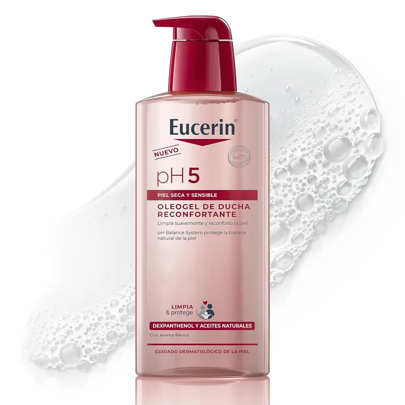 Eucerin pH5 Soothing Shower Oil (400 ml), óleo de limpeza corporal e facial com óleos naturais, fórmula extra suave sem sabão, óleo de duche para peles secas e sensíveis.
