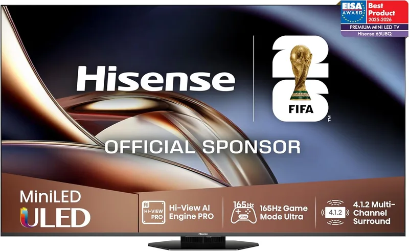 Hisense 65U8Q - Mini LED Smart TV, som multicanal 4.1.2, modo Ultra Game 165Hz, Anti-Reflexo Pro, escurecimento local de matriz completa, Dolby Vision IQ e Dolby Atmos