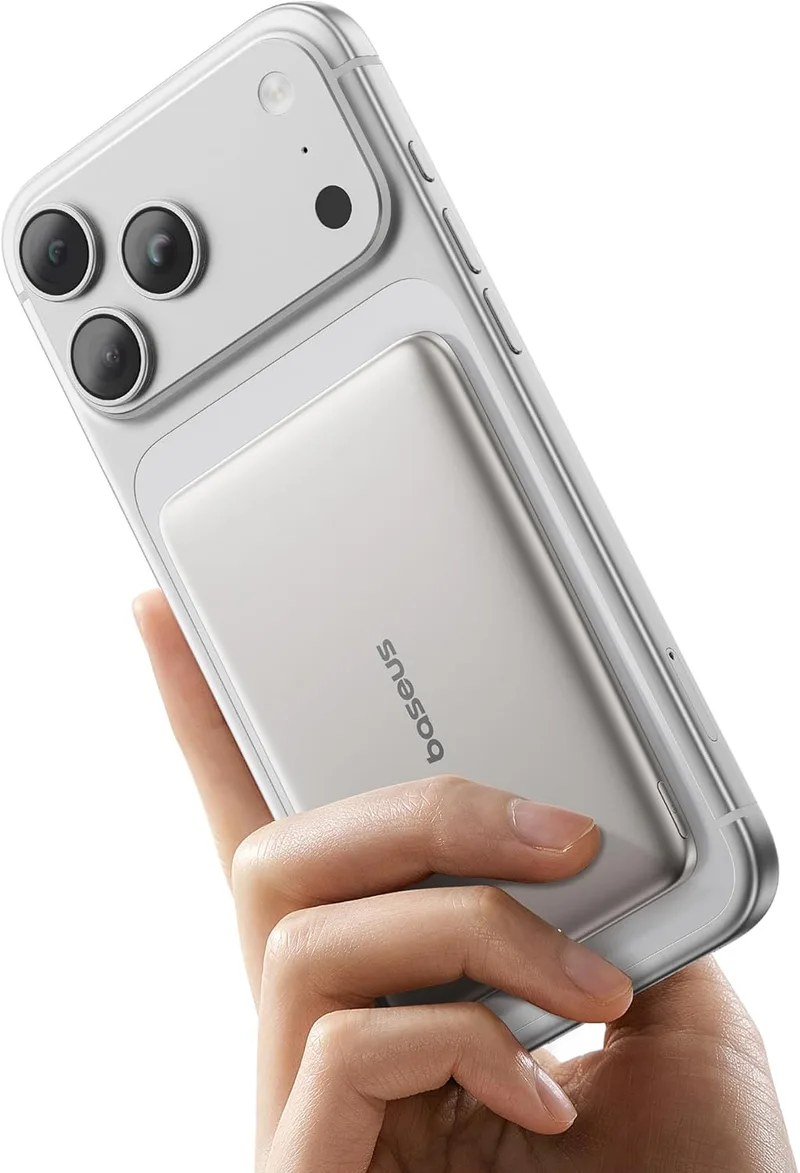 Baseus ▫️ Picogo AM41 Power Bank, Ultra Slim 5000mAh Magsafe Powerbank, PD 20W Fast Charging, Portátil, Mini Bateria Magnética Externa com Cabo USB C para iPhone 17/16/15/14/13/12, Titânio