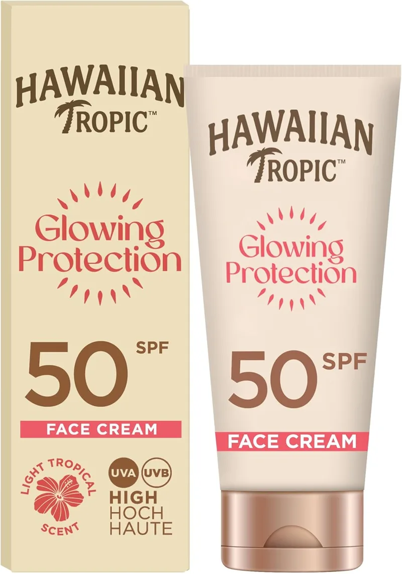 HAWAIIAN Tropic ▫️ Glowing Protection Facial Sun Lotion, Creme facial impermeável com proteção solar SPF 50 UVA + UVB, fragrância tropical, com manteiga de karité, 50 ml