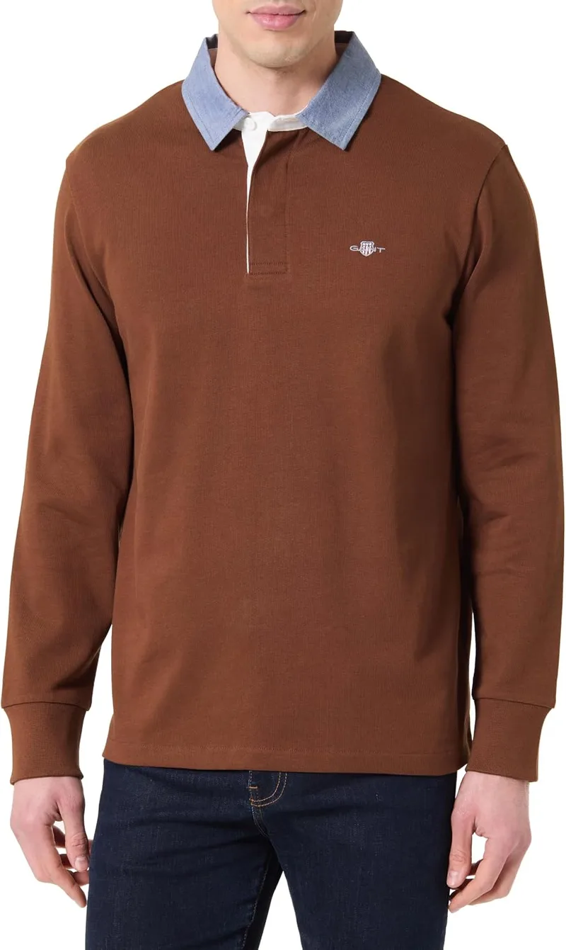 GANT ▫️ Polo de manga comprida para homem, em chambray, corte regular, Heavy Rugger, Evening Blue
