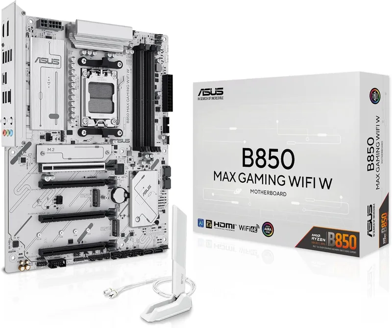 ASUS ▫️ B850 MAX Gaming WiFi W - Placa-mãe AMD B850 ATX, Branco, DDR5, PCIe 5.0, Ranhuras M.2, Wi-Fi 6E, Ethernet de 2,5 Gb, DisplayPort, HDMI, USB Tipo A e Tipo C, BIOS Flashback, Aura Sync