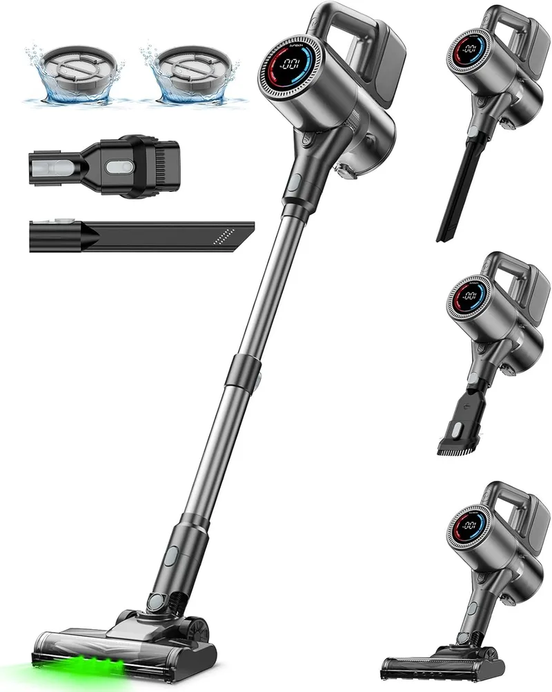 VersLife ▫️ Aspirador sem fios, aspirador de vassoura 500W/40KPA com 45 minutos de autonomia, ecrã LED, luz verde, filtragem de 6 fases, design autónomo para pavimentos duros, alcatifas e pêlos de animais