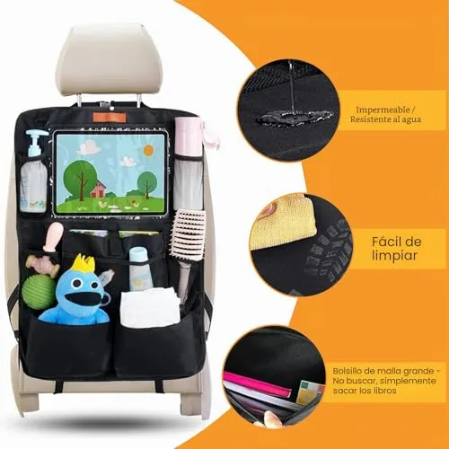 SURFOU ▫️ Protetor de Assento de Carro Organizador com Vários Bolsos de Grande Capacidade, com Espaço para Tablet, Brinquedos, Livros e Copos, em Tecido Oxford Impermeável para Crianças, Preto 3