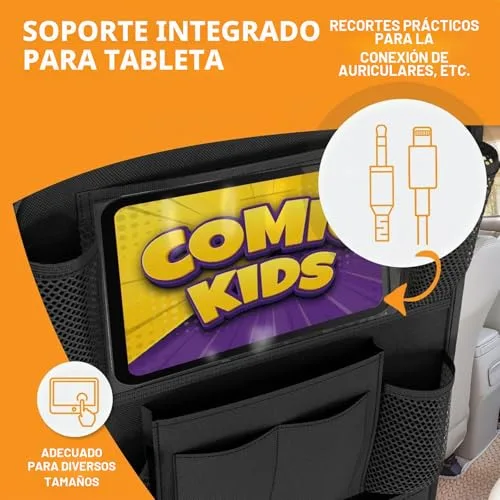 SURFOU ▫️ Protetor de Assento de Carro Organizador com Vários Bolsos de Grande Capacidade, com Espaço para Tablet, Brinquedos, Livros e Copos, em Tecido Oxford Impermeável para Crianças, Preto 5
