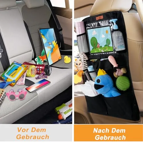 SURFOU ▫️ Protetor de Assento de Carro Organizador com Vários Bolsos de Grande Capacidade, com Espaço para Tablet, Brinquedos, Livros e Copos, em Tecido Oxford Impermeável para Crianças, Preto 6