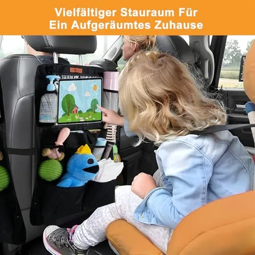 SURFOU ▫️ Protetor de Assento de Carro Organizador com Vários Bolsos de Grande Capacidade, com Espaço para Tablet, Brinquedos, Livros e Copos, em Tecido Oxford Impermeável para Crianças, Preto 7